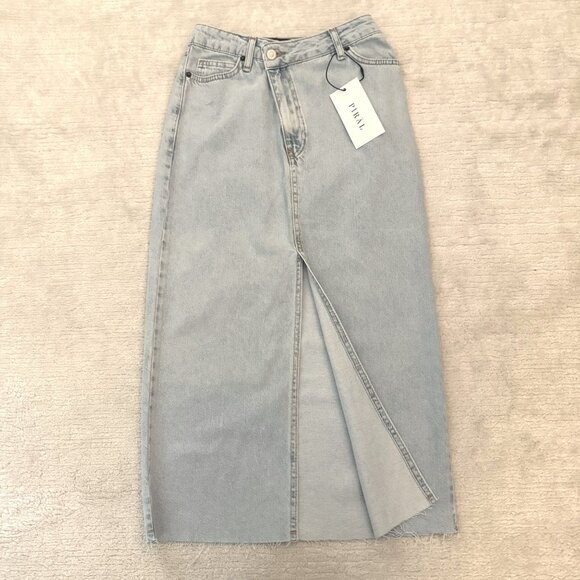 Light Blue Criss Cross Piral Denim Midi Skirt Size Small Front Slit WITH DEFECT - Picture 3 of 13